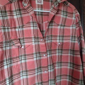Levi Flannel soft plaid (orange/coral) western snap pearl closure